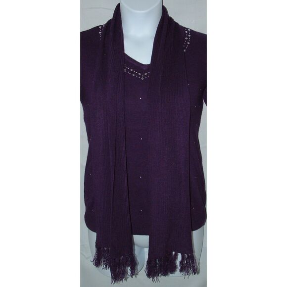 NEW Embellished Purple Sz Large Soft Sweater & Removable Fringed Scarf 2 Pc Lot - Picture 2 of 6